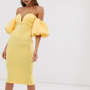 ASOS yellow puff sleeve midi dress